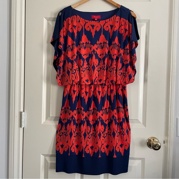 Signature by Sangria Dresses & Skirts - Signature by Sangria Navy and Red/Orange Patterned Midi Dress